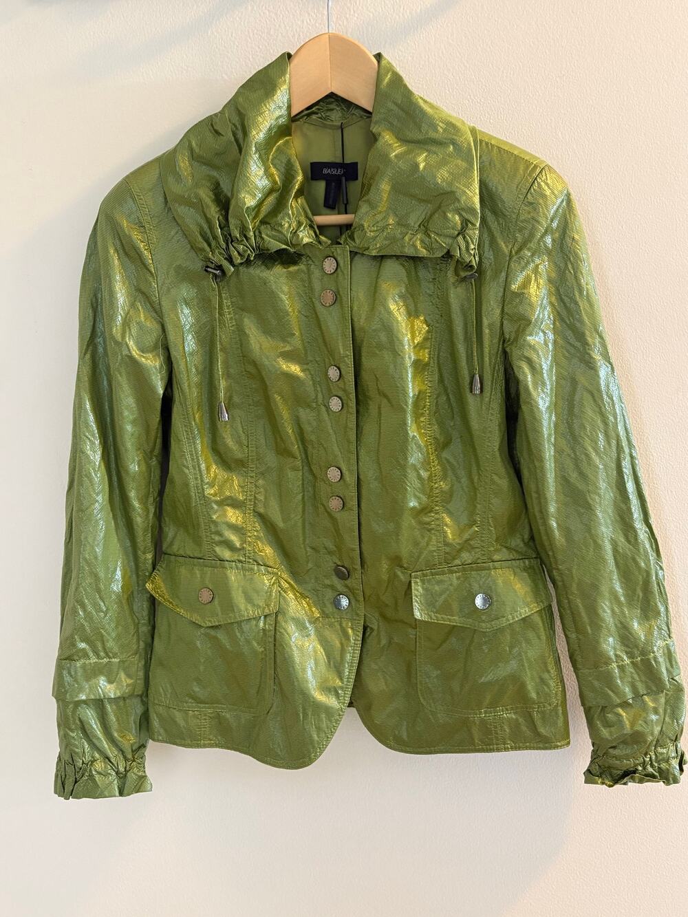 Basler Green Metallic Shimmer Jacket Womens US 10 EU 36 Snap Front Lightweight